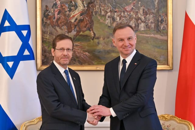  Israel's President Isaac Herzog meets with Polish President Andrzej Duda ahead of ceremony marking 80 years since the Warsaw Ghetto Uprising, April 19, 2023. (photo credit: KOBI GIDEON/GPO)