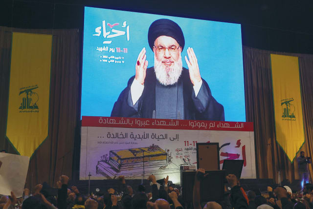  HEZBOLLAH LEADER Hassan Nasrallah addresses his supporters via video, marking Martyrs’ Day in Beirut’s southern suburbs, in November. Nasrallah is a great student of Israeli society and current events.  (photo credit: AZIZ TAHER/REUTERS)