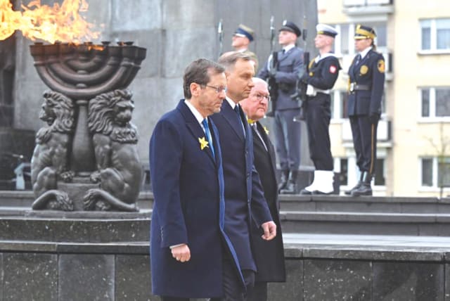  PRESIDENT ISAAC Herzog walks with Polish President Andrzej Duda and German President Frank-Walter Steinmeier at the Monument to the Ghetto Heroes, in Warsaw, last Wednesday (photo credit: KOBI GIDEON/GPO)