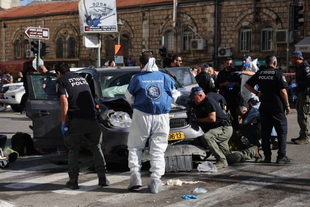  The scene of a car ramming terrorist attack next to the Mahane Yehuda market in Jerusalem, Israel, on April 24, 2023. (photo credit: YONATAN SINDEL/FLASH90)