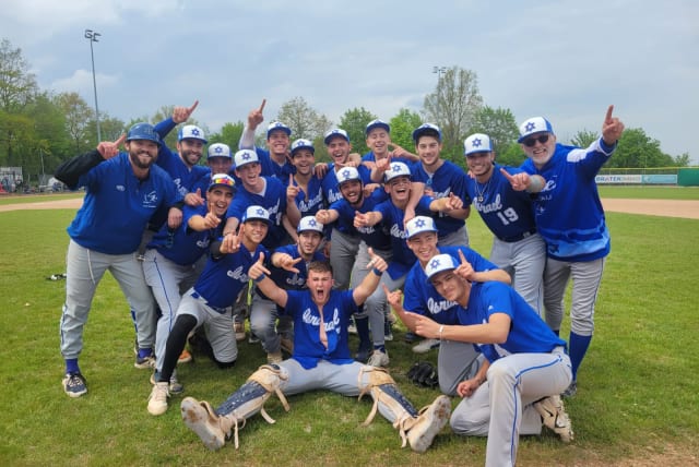 TEAM ISRAEL celebrates on the field after their PONY League Under-18 European Championship title in Germany this week. (photo credit: ISRAEL ASSOCIATION OF BASEBALL)