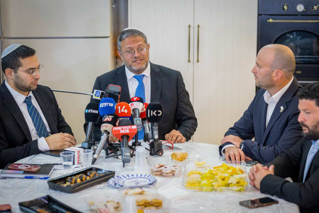  Itamar Ben Gvir, Minister of National Security and head of the Otzma Yehudit political party gives a press statement during a party meeting in the southern Israeli city of Sderot, May 3, 2023. (photo credit: FLASH90)