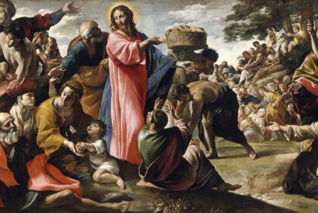  An artistic depiction of Jesus Christ feeding 5,000 people, which supposedly took place in Bethsaida. (photo credit: Wikimedia Commons)