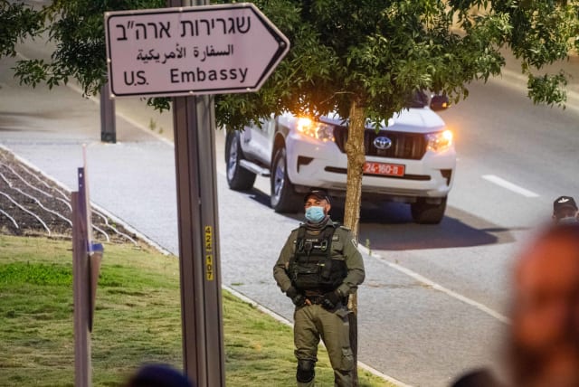  Israeli border police officers guard during a protest against US President Donald Trump's "Deal of the Century" outside the US Embassy in Jerusalem on June 18, 2020.  (photo credit: YONATAN SINDEL/FLASH90)