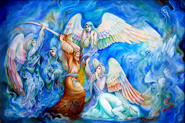  This painting by Yousef Abdinejad is entitled "Martyrdom of Imam Ali". It depicts Ali being assassinated by Ibn Muljam. There are also angels attempting to restrain Ibn Muljam from striking Ali. (photo credit: Yousef Abdinejad/Wikimedia Commons)