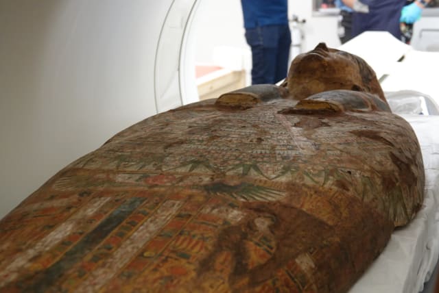  An Ancient Egyptian coffin lid undergoes a CT scan at Shaare Zedek Medical Center, May 21, 2023. (photo credit: SHAARE ZEDEK MEDICAL CENTER)