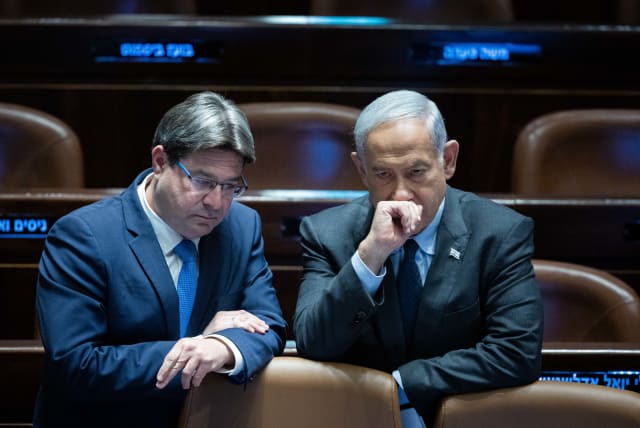  Science and Technology Minister Ofir Akunis is seen with Prime Minister Benjamin Netanyahu in Jerusalem, on May 1, 2023 (photo credit: YONATAN SINDEL/FLASH90)