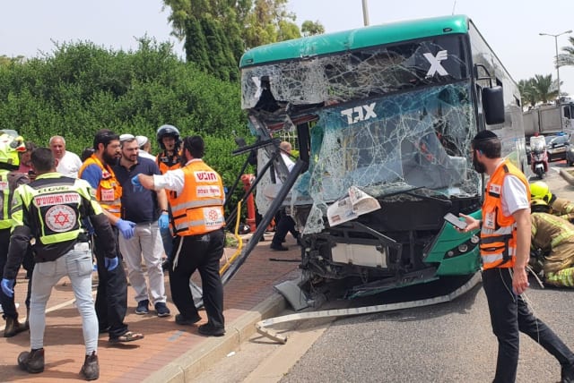 The bus involved in a traffic accident in Haifa, May 22, 2023. (photo credit: UNITED HATZALAH‏)