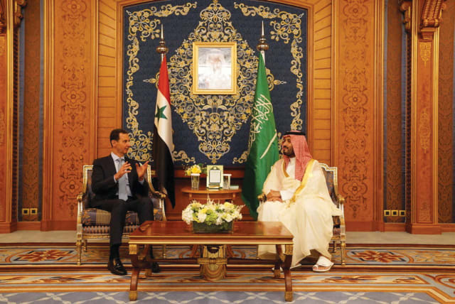  SAUDI ARABIAN Crown Prince Mohammed bin Salman (R) meets with Syrian President Bashar Assad in Jeddah, Saudi Arabia, May 19.  (photo credit: SYRIAN PRESIDENCY/HANDOUT VIA REUTERS)