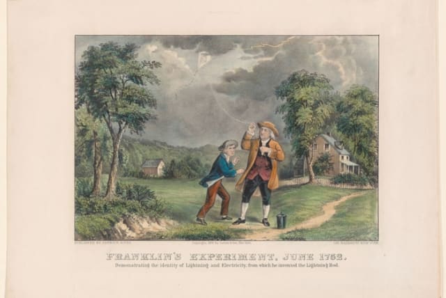  Hand-colored lithograph published by Currier & Ives in 1876. This is probably the most widely distributed illustration of the experiment. Franklin is wrongly shown to be holding the string in one hand above the point to which the key is attached. (photo credit: Bequest of A. S. Colgate, 1962)