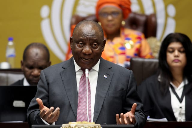  South African President Cyril Ramaphosa replies to questions in parliament in Cape Town, South Africa, May 11, 2023. (photo credit: ESA ALEXANDER/REUTERS)