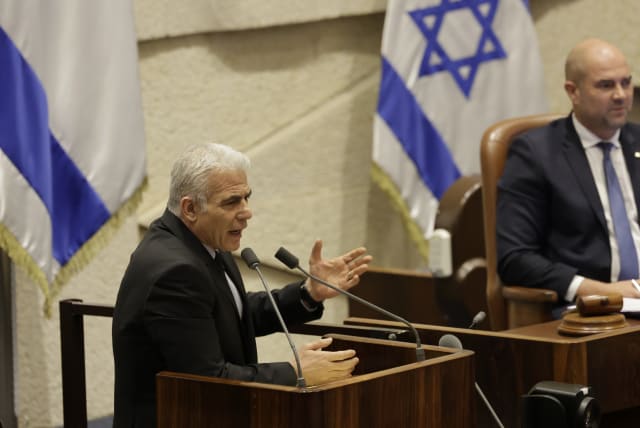  Israeli opposition leader Yair Lapid is seen addressing the Knesset, in Jerusalem, on May 29, 2023. (photo credit: MARC ISRAEL SELLEM/THE JERUSALEM POST)