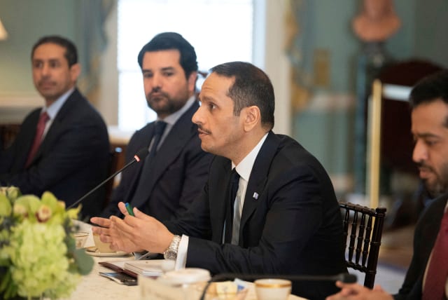  Qatar's then deputy prime minister and foreign minister, Mohammed bin Abdulrahman Al Thani, speaks during a meeting with U.S. Secretary of State Antony Blinken, in Washington, U.S. February 10, 2023 (photo credit: Kevin Wolf/Pool via REUTERS)