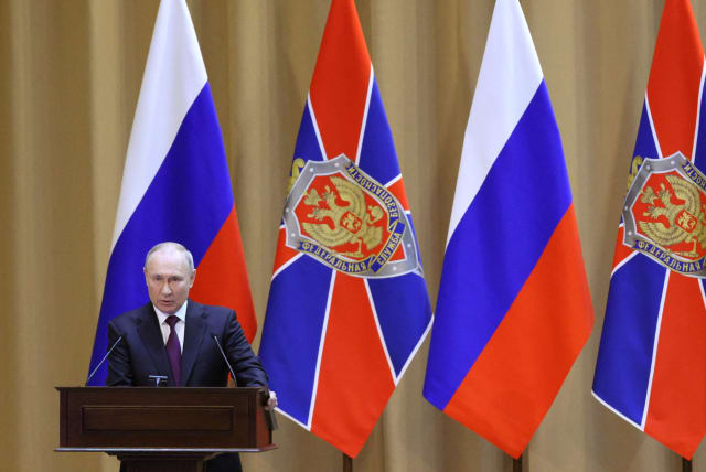  Russian President Vladimir Putin delivers a speech during a meeting of the Federal Security Service (FSB) collegium in Moscow, Russia, February 28, 2023.  (photo credit: SPUTNIK/GAVRIIL GRIGOROV/POOL VIA REUTERS)