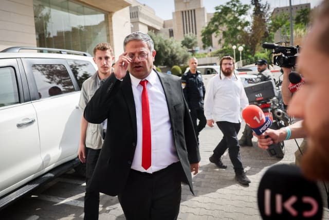  National Security Minister Itamar Ben-Gvir speaks to the press outside the police headquarters during the annual Jerusalem pride march on June 1, 2023 (photo credit: YONATAN SINDEL/FLASH90)