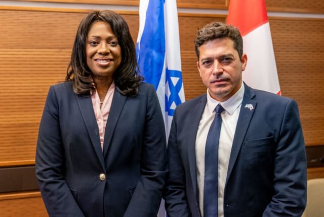  Chair of the Canadian Parliamentary Israel Allies Caucus, MP Leslyn Lewis with Diaspora Minsiter Amichai Chikli (photo credit: BERNARD THIBODEAU)