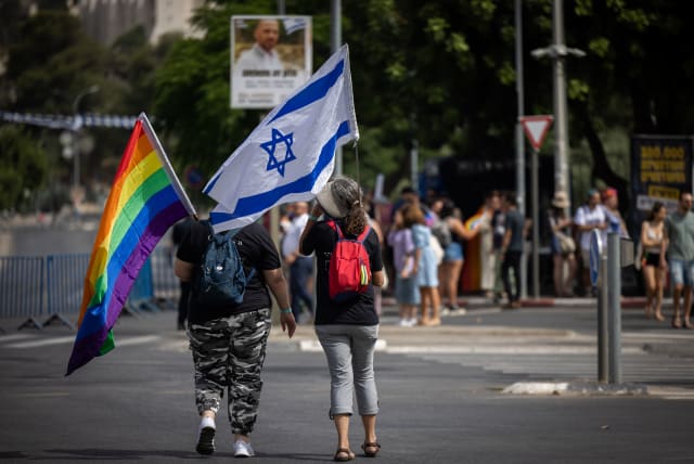 Thousands take part in the annual Gay Pride Parade in Jerusalem, on June 1, 2023. Photo by Yonatan Sindel/Flash90 (photo credit: YONATAN SINDEL/FLASH90)