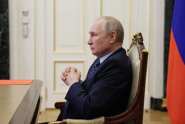  Russian President Vladimir Putin chairs a meeting with members of the Security Council, via video link in Moscow, Russia June 2, 2023.  (photo credit: SPUTNIK/GAVRIIL GRIGOROV/POOL VIA REUTERS)