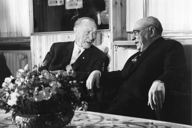  PRESIDENT ZALMAN SHAZAR (R)  (author of the poem ‘Where Are You, Caleb?’) meets with German chancellor Konrad Adenauer (later successor of Otto von Bismarck) in Jerusalem, 1966. (photo credit: Wikimedia Commons)