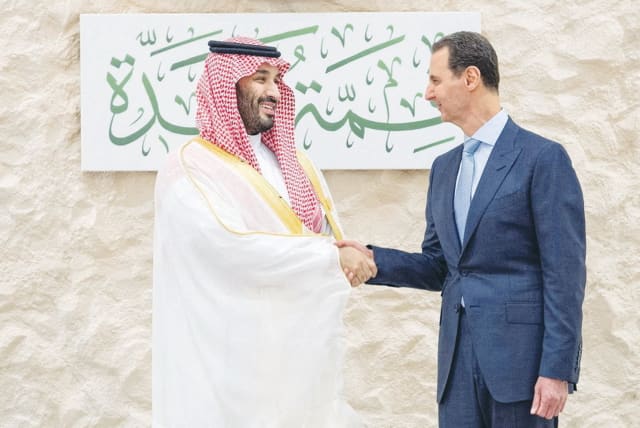  SAUDI ARABIA’S Crown Prince Mohammed bin Salman meets with Syrian President Bashar Assad ahead of the Arab League Summit, in Jeddah, last month. (photo credit: Saudi Royal Court/Reuters)