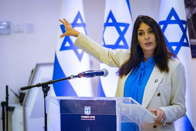  Israeli minister of Transportation Miri Regev holds a press conference ahead of Israel's 75th Independence Day Ceremony at Mount Herzl in Jerusalem, on April 19, 2023. (photo credit: YONATAN SINDEL/FLASH90)