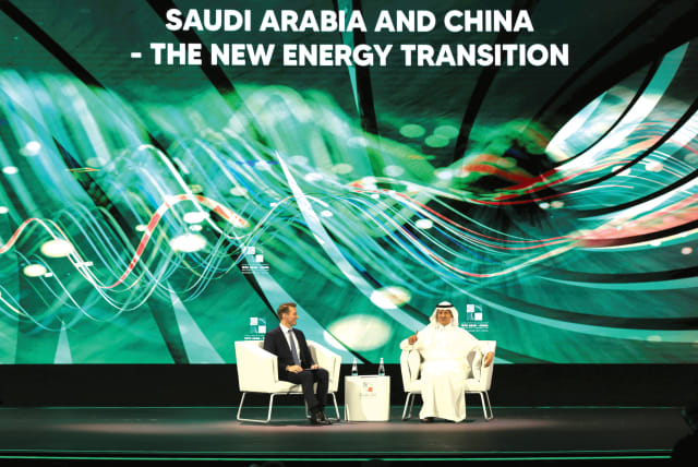  SAUDI ENERGY Minister Prince Abdulaziz bin Salman Al-Saud speaks alongside moderator Dan Murphy at the 10th Arab-China Business Conference in Riyadh, on Sunday (photo credit: Ahmed Yosri/Reuters)