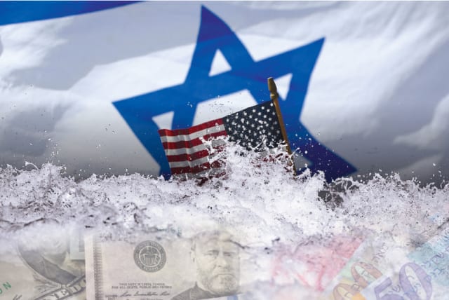  An illustrated image of the US and Israeli flags being splashed by a rising tide of water, beneath which are US dollars and Israeli shekels to symbolize the rising tide of debt. (photo credit: RONEN ZVULUN/REUTERS)