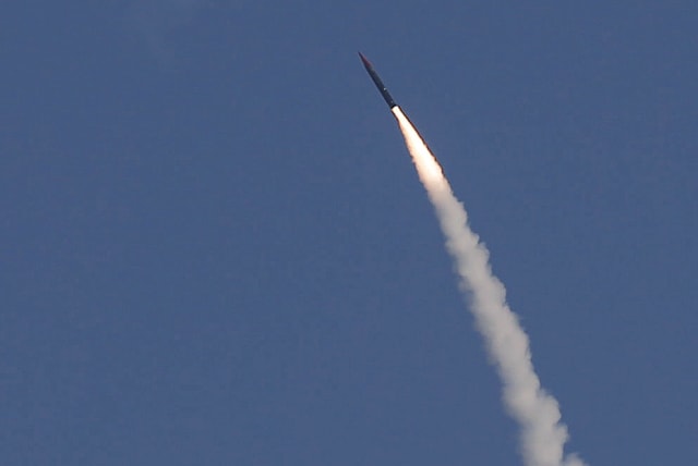  AN ARROW 3 ballistic missile interceptor is seen during its test launch near Ashdod in 2015.  (photo credit: AMIR COHEN/REUTERS)