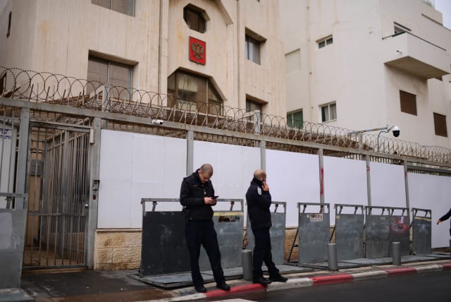  The Russian Embassy in Tel Aviv is seen in this photo taken on February 26, 2022 (photo credit: TOMER NEUBERG/FLASH90)