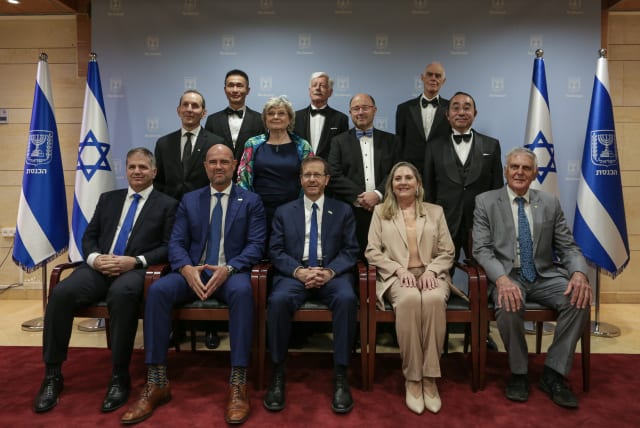  Knesset Speaker Amir Ohana, President Isaac Herzog and Michal Herzog (front row center) with the winners of the Wolf Prizes for 2023. (photo credit: COURTESY/WOLF FOUNDATION)