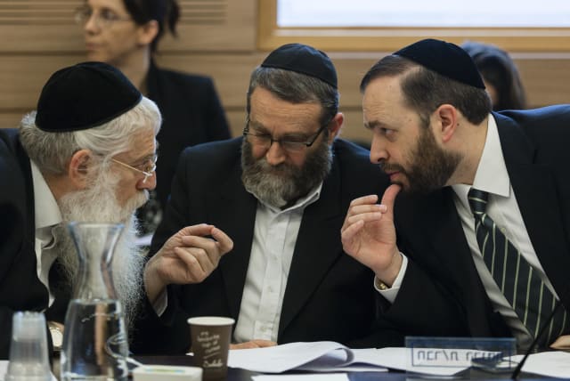  Ultra-Orthodox UTJ MKs Meir Porush (L), Moshe Gafni and Ariel Atias (R) seen in the Knesset on February 18 (photo credit: FLASH90)