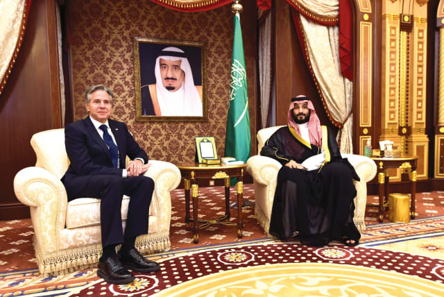 Saudi Arabia's Crown Prince Mohammed bin Salman meets with US Secretary of State Antony Blinken in Jeddah, earlier this month. (photo credit: AMER HILABI/REUTERS)