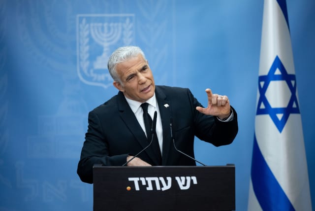  Head of the Yesh Atid party MK Yair Lapid speaks during a faction meeting at the Knesset, the Israeli parliament in Jerusalem, on June 19, 2023. (photo credit: YONATAN SINDEL/FLASH90)