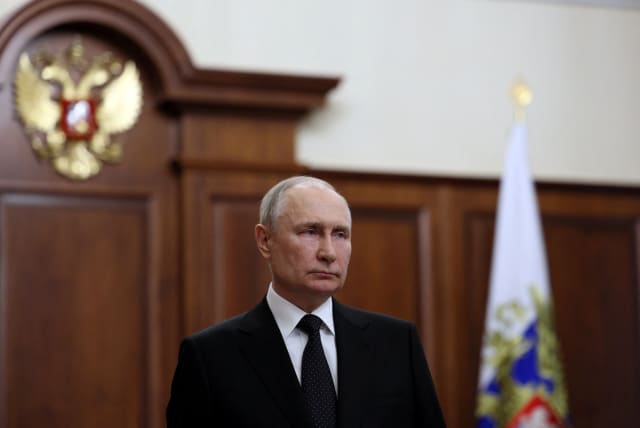  Russian President Vladimir Putin gives a televised address in Moscow, Russia, June 24, 2023. (photo credit: SPUTNIK/GAVRIIL GRIGOROV/POOL VIA REUTERS)
