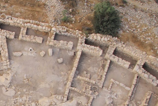  Aerial view of the casemate city wall of Khirbet Qeiyafa (photo credit: SKYVIEW LTD)