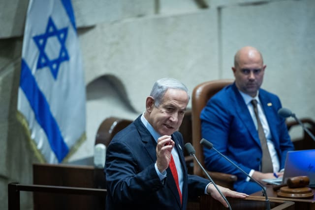  Israeli Prime Minister Benjamin Netanyahu attends a 40 signatures debate, at the plenum hall of the Knesset, the Israeli parliament in Jerusalem, on June 26, 2023.  (photo credit: YONATAN SINDEL/FLASH90)