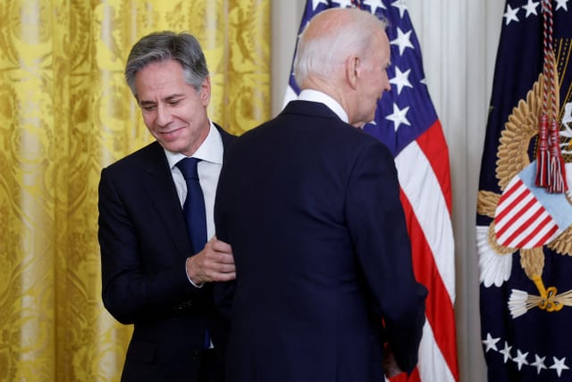  US PRESIDENT Joe Biden and Secretary of State Antony Blinken at the White House: We are seeing a return by the Biden administration to prior policies that range from troubling to dangerous, the writer argues.  (photo credit: JONATHAN ERNST/REUTERS)