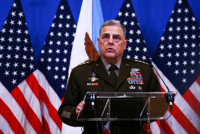 U.S. Chairman of the Joint Chiefs of Staff General Mark A. Milley holds a news conference on the day of a NATO Defence Ministers' meeting at the Alliance's headquarters in Brussels, Belgium June 15, 2023. (photo credit: YVES HERMAN/REUTERS)
