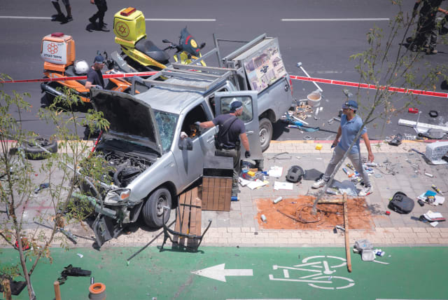  POLICE AND rescue forces are on the scene of a car-ramming terror attack in Tel Aviv on Tuesday. Resistance to ‘the occupation’ is used to justify terrorism, says the writer (photo credit: MIRIAM ALSTER/FLASH90)
