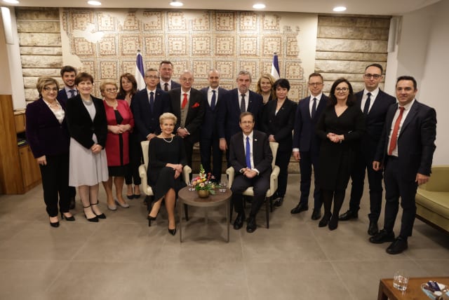  POLISH PARLIAMENT delegation with President Isaac Herzog at the President’s Residence in Jerusalem. (photo credit: ELNET)