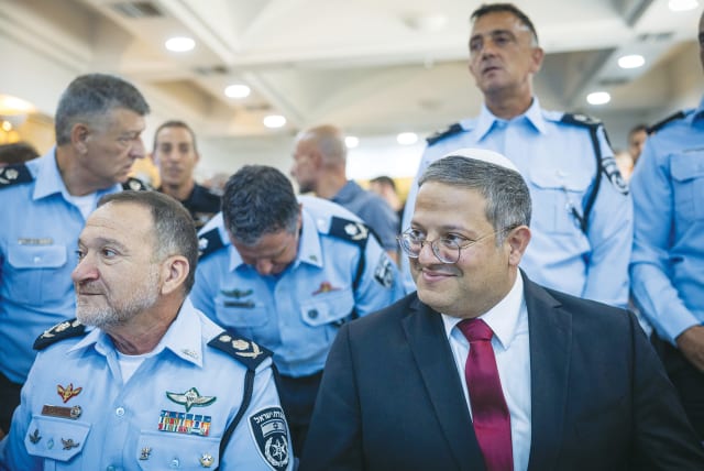  Chief of police Kobi Shabtai and Minister of National Security Itamar Ben Gvir at a ceremony of new appointments and ranks of the Israeli Police, in Jerusalem, last week.  (photo credit: YONATAN SINDEL/FLASH90)