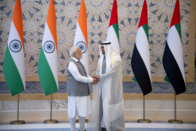  UAE President Sheikh Mohamed bin Zayed Al Nahyan and Indian Prime Minister Narendra Modi pose for a photograph during an official visit reception at Qasr Al Watan, Abu Dhabi, UAE, July 15, 2023. (photo credit: Hamad Al Kaabi/UAE Presidential Court/Handout via REUTERS)