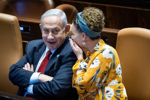  Israeli Prime Minister Benjamin Netanyahu with Idit Silman, Environmental Protection Minister of Israel during 40 signatures debate, at the plenum hall of the Knesset, the Israeli parliament in Jerusalem, on June 26, 2023. (photo credit: YONATAN SINDEL/FLASH90)