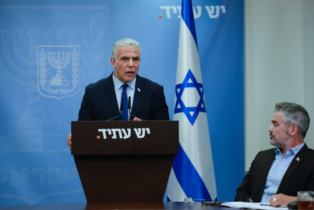  Head of the Yesh Atid party MK Yair Lapid speaks during a faction meeting at the Knesset, the Israeli parliament in Jerusalem, on July 17, 2023 (photo credit: Chaim Goldberg/Flash90)