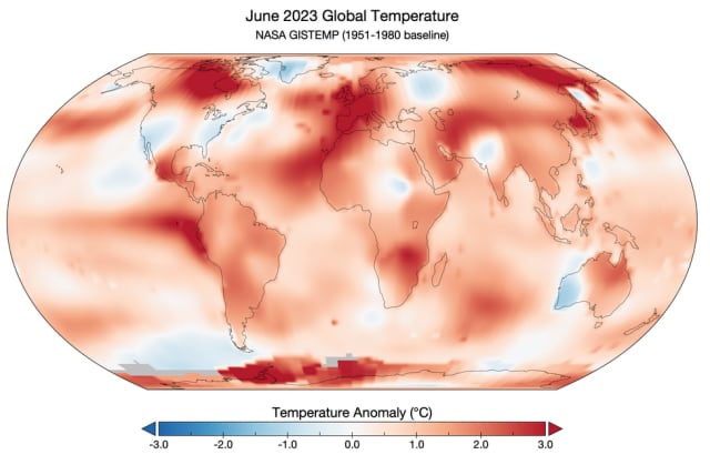 World global temperature analysis for June, as provided by NASA’s Goddard Institute for Space Studies (photo credit: NASA/Goddard Institute for Space Studies)