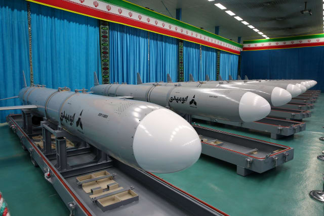  Iranian missiles called Abu Mahdi are displayed during the ceremony of joining the IRGC Navy and the Army, in Tehran, Iran, in this picture obtained on July 25, 2023. (photo credit: Iran's Defense Ministry/WANA (West Asia News Agency)/Handout via REUTERS)
