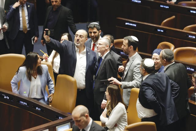  COALITION MEMBERS take a selfie after the Law to Cancel the Reasonableness Standard passed on Monday in the Knesset. (photo credit: MARC ISRAEL SELLEM/THE JERUSALEM POST)