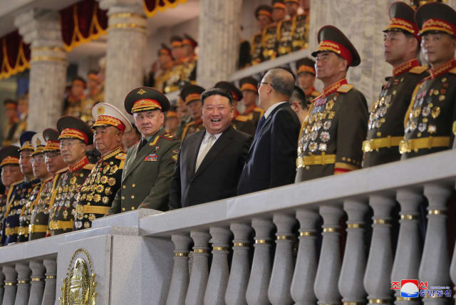  North Korean leader Kim Jong Un, Chinese Communist Party politburo member Li Hongzhong and Russia's Defense Minister Sergei Shoigu attend a military parade to commemorate the 70th anniversary of the Korean War armistice in Pyongyang, North Korea, July 27, 2023. (photo credit: KCNA VIA REUTERS)