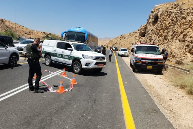  The scene of a drive by shooting in Jordan Valley, August 2, 2023. (photo credit: MAGEN DAVID ADOM)