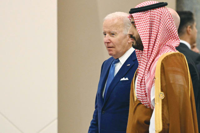  US PRESIDENT Joe Biden and Saudi Crown Prince Mohammed bin Salman attend the Gulf Cooperation Council +3 meeting in Jeddah, last summer. (photo credit: MANDEL NGAN/REUTERS)